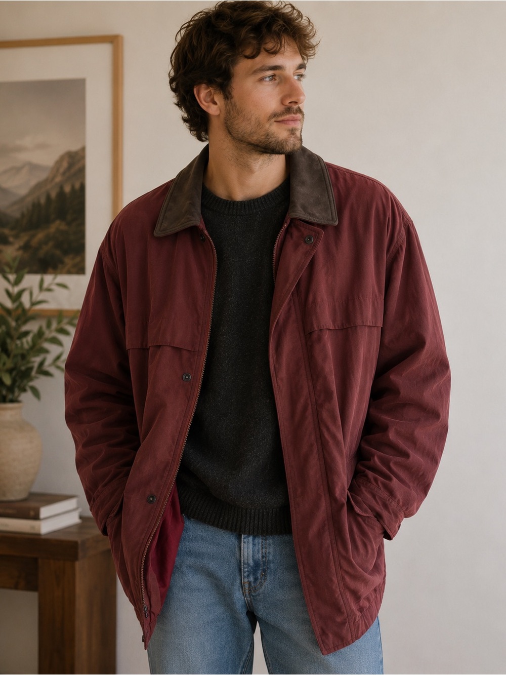 Jos. A. Bank Burgundy Jacket with Brown Contrast Collar size M